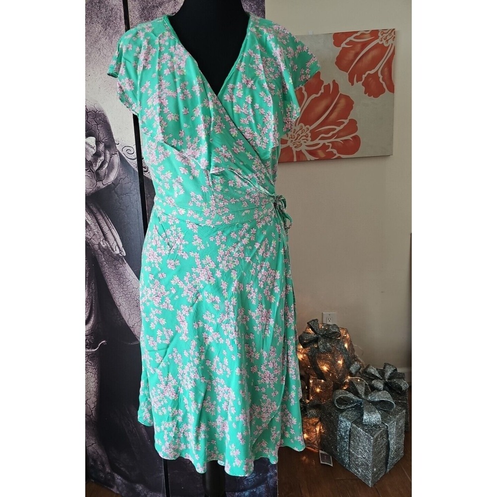 DRAPER JAMES V Neck Wrap Green Pink Floral-Print Cottagecore Dress Size XL‎